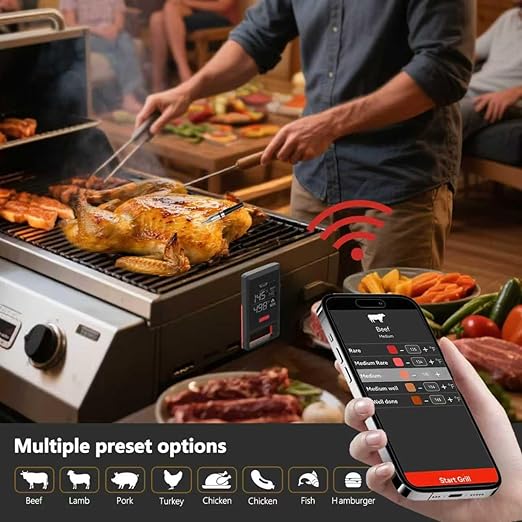 Smart Wireless Meat Thermometer – Bluetooth Digital BBQ Thermometer with Wireless Probe, USB-C Rechargeable, IP65 Waterproof – Long Range Smoker Grill Thermometer for Cooking & Roasting