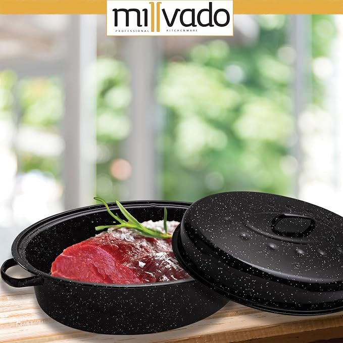 Millvado Granite Roasting Pan, 10 lb Capacity Turkey Roasting Pan with Lid, 15" Granite Oven Roaster Oval Shaped Speckled Enamel on Steel Cookware