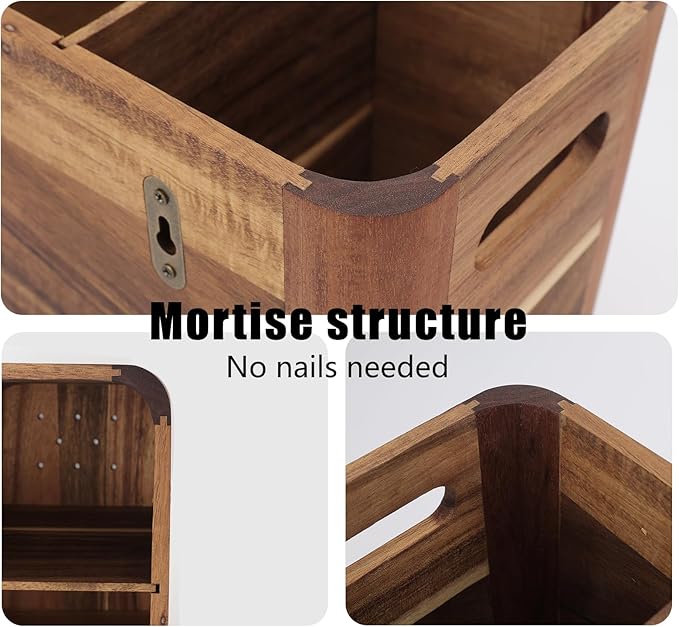 Utensil Holder for Kitchen Countertop - Extra Large 4 Compartment Wooden Organizer in Acacia Wood, Storage for Cooking Tools and Cutlery, Farmhouse Style for Home Cooking