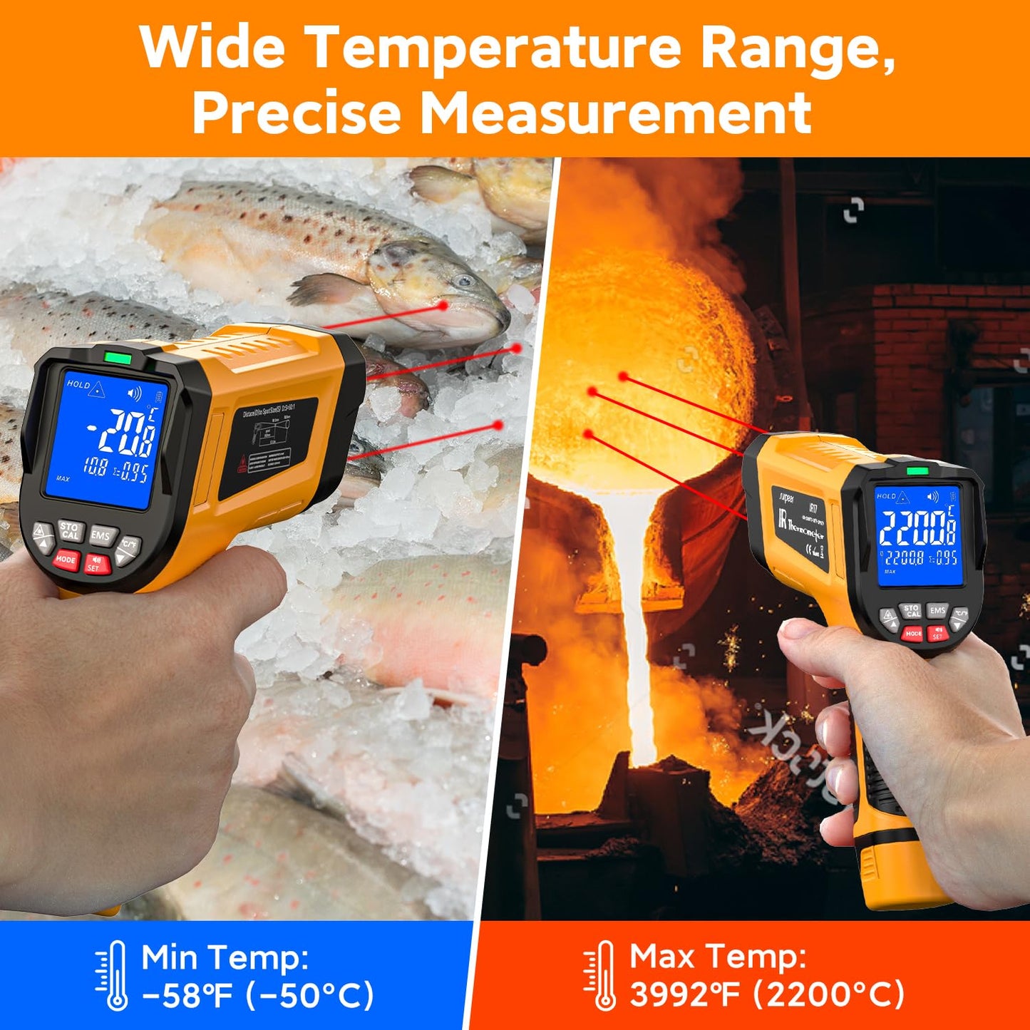 '-58°F to 3992°F Infrared Thermometer IR Gun, High-Temp Digital Temperature Gun 50:1 Non-Contact Pyrometer & Triple Laser for Kiln, Forge, Furnace, Engine, HVAC, Industrial Use