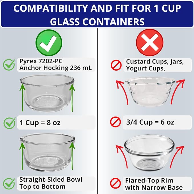 1, 2, 4 & 7 Cup Round & 3, 6, 11 Cup Rectangle Replacement Lids/Covers for Pyrex, Anchor Hocking & KlareWare Storage Bowls *Lids Only -Glass Container Not Included*, 14 Pack *2 of Each Size*