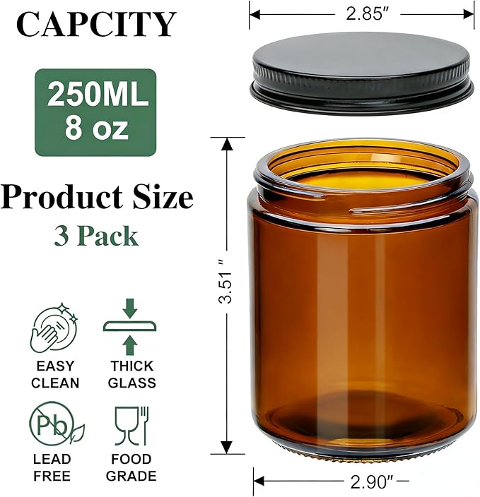 8oz Amber Candle Jars Set of 3,Round Glass Jar with Black Lids,Empty 250ml Glass Candle Making Jar Bulk Thick Small Food Storage Jars for Spice,Candy,Powder