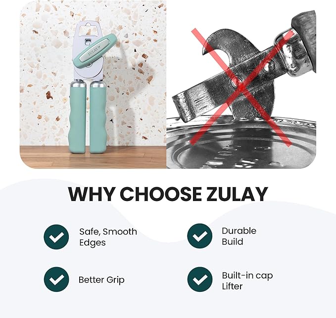 Zulay Kitchen Heavy Duty Stainless Steel Can Opener Manual with Bottle Opener - Rust Proof Manual Can Opener With Turn Knob & Comfy Soft Grip Handles - Mint