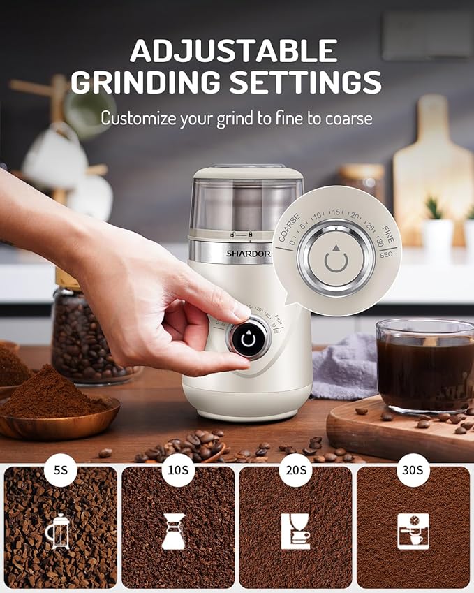 SHARDOR Electric Super Silent Blade Coffee Grinder, Timed Grind Control Rotary Knob, Adjustable Coarse to Fine for Coffee Beans, Spices & Herbs, with 2 Removable Stainless Steel Bowl, Cream