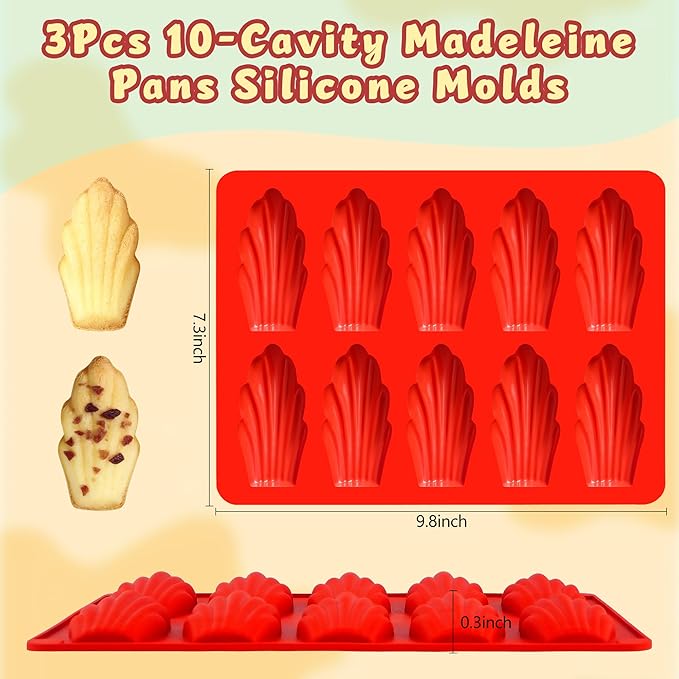 3Pcs Silicone Madeleine Pan for Baking, 10-Cavity Madeleine Mold for Madeleine, Non-stick Madeleine Bakeware for Cookies(Regular(10-Cavity) 3Pcs)