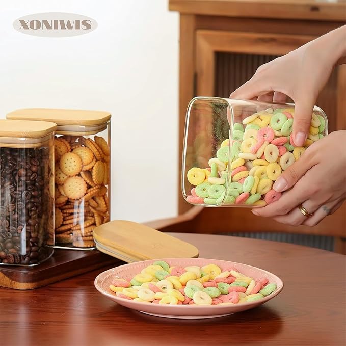 26oz 6PCS Rectangle Glass Pantry Containers with Lids, Glass Jars with Lids, Clear Food Storage Jars, Small Canister for Salt, Pepper, Spices, Nuts, Loose Tea, Coffee, Sugar, Candy