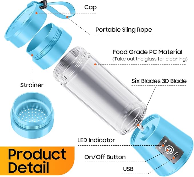 Portable Blender for Smoothies & Shakes - Cordless Personal Size Mini Blender with BAP Free Juice Cup, USB Rechargeable Suit for Sports/Picnic, Mother's Day