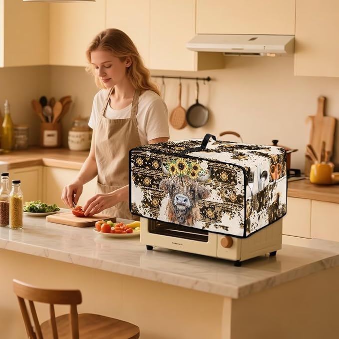 Convection Toaster Oven Cover with Pockets, Easy to Clean, Smart Microwave Baking Oven Dust Cover for Countertop, S, Aztec Highland Cow Sunflower Tribal Pattern