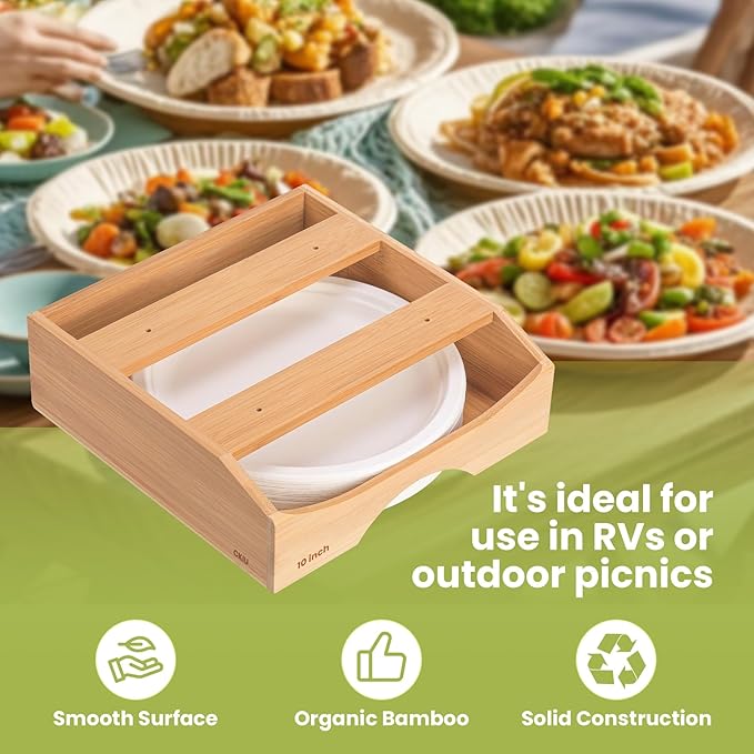 10-inch Paper Plate Dispenser Under Cabinet, Bamboo Paper Plate Holders, Kitchen Counter Vertical Plate Dispensers Holders Countertop Caddy(For 10-inch Plates, Bamboo)