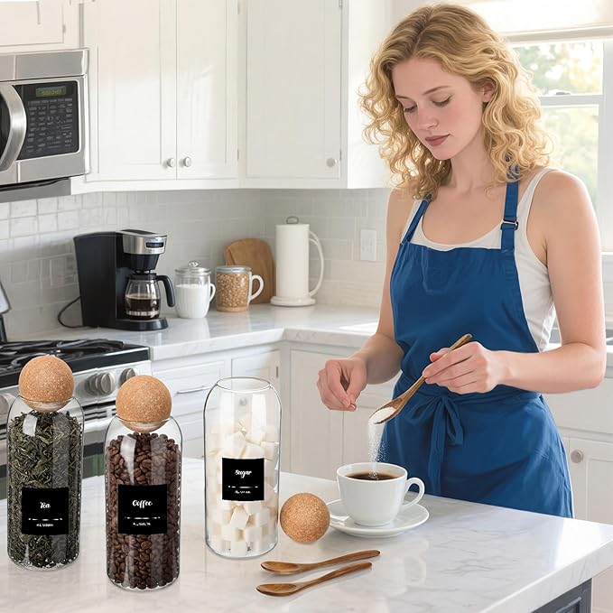 Suclain 3 Pcs Glass Coffee Storage Jar with Ball Cork Lid Wooden Spoon Shelf Labels Airtight Round Bottle Jar Food Storage Canister Set for Sugar Spice Coffee Bean Holder Candy Gift(41 oz)