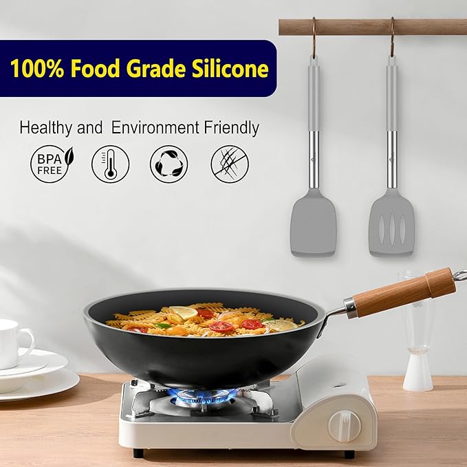 HOTEC Silicone Spatula Set of 2 Heat-Resistant 600°F & BPA-Free Kitchen SaptulaTurner with Stainless Steel Handles, Slotted & Solid Spatulas for Nonstick Cookware, 13.7 Inch, Grey