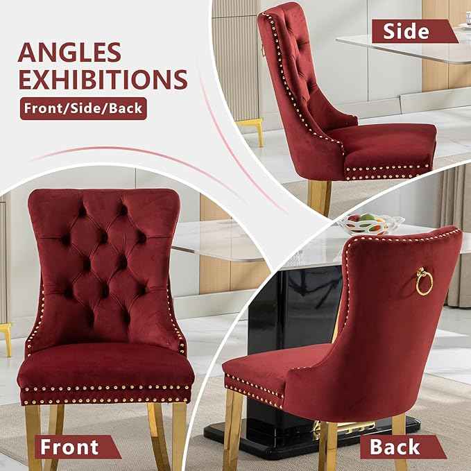 Velvet Dining Chairs Set of 4, Dining Room Chairs Set of 4, Tufted Upholstered Dining Room Chair, Back Ring Pull Trim, Golden Stainless Steel Legs, Wine Red
