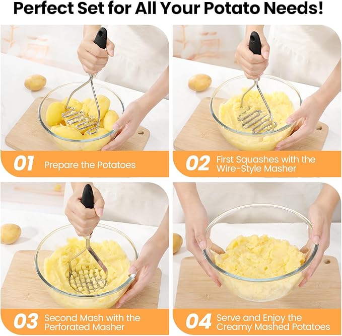 2Pcs Potato Masher, Premium Stainless Steel Mashed Potato Masher Kitchen Tool with Silicone Handle, Integrated & Wire Food Smasher Set for Mashing Potatoes, Veggies, Fruits, Avocado, Meat