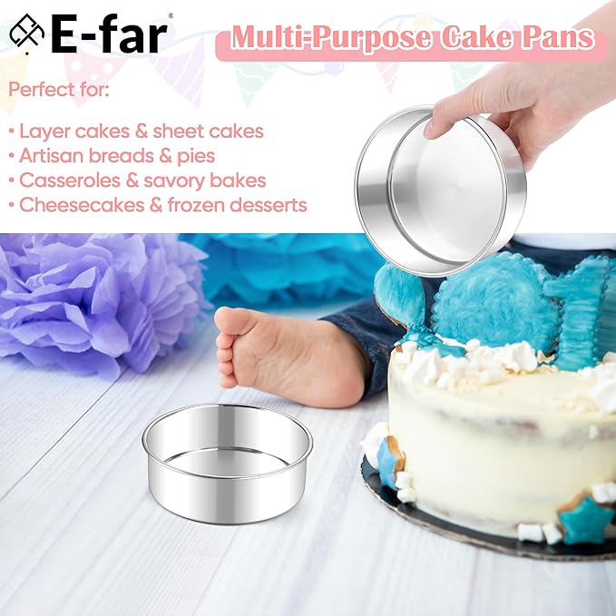 E-far Small Cake Pans Set of 2, 5 Inch Stainless Steel Mini Round Baking Pan Tins - Non-Toxic & Leak-Proof Cake Mold for Smash Birthday Layer Tiered Cheesecake, Easy Clean & Dishwasher Safe