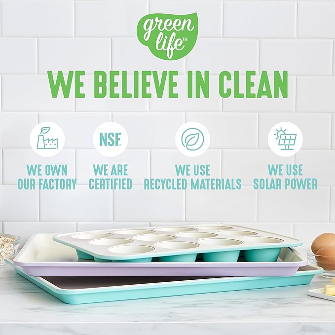 GreenLife 12-Cup Muffin Pan,PFAS-Free Healthy Nonstick Baking Tray,11.4" x 1.9" x 15.9",Durable Ceramic Bakeware,Cupcakes,Egg Bites,Tarts,Brownies,Turquoise,(Pack of 6)