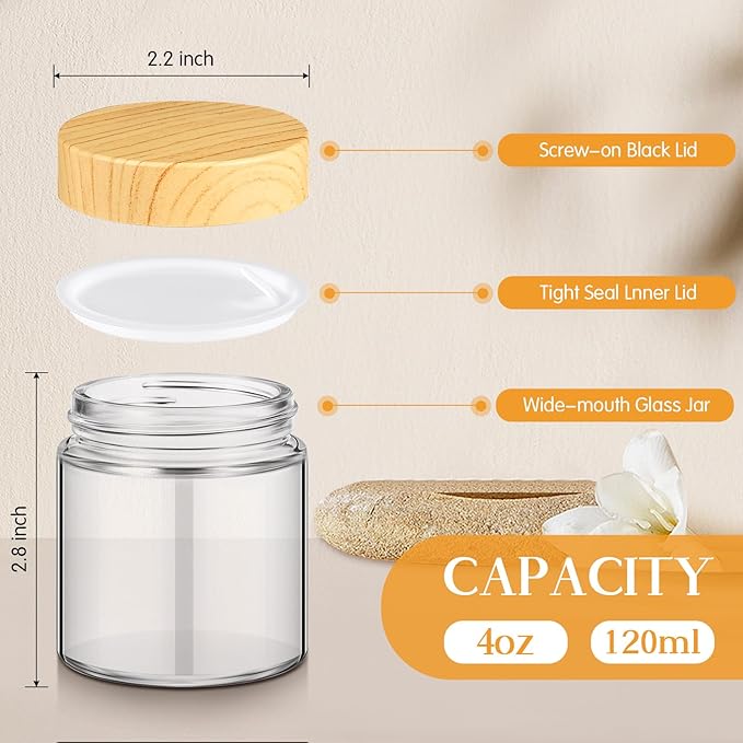 Norme 12 Pcs 4oz Glass Jars with Lids Empty Small Glass Containers and Inner Liners Reusable Cosmetic Jars Round Airtight Bottles with Plastic Wood Grain Lids for Travel