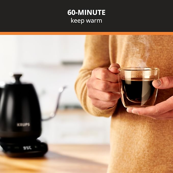 KRUPS Gooseneck Electric Kettle: 1L Stainless Steel, 1350W Fast Boiling, Boils 1 Cup in 80 Seconds, Temperature Control with 8 Presets, 60-Min Keep Warm, Precision Pour for Coffee and Tea