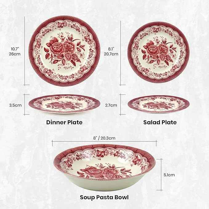 Tudor Royal 12-Piece Round Porcelain Dinnerware Set, Service for 4 - Victoria RED Design, Red Floral, Plates Bowls Dishes, Premium Quality Tableware, Unique Pattern, Glossy