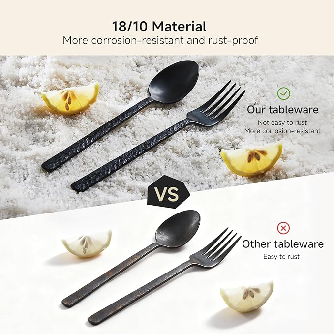 KINGSTONE 36 Pcs Black Hammered Silverware Set with Steak Knives for 6, 18/10 Stainless Steel Heavy Duty Flatware Set, Tableware Cutlery Utensil Sets for Home Restaurant Dishwasher Safe