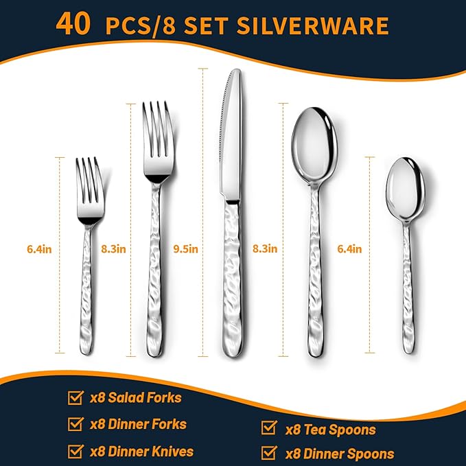 NICE KITCHEN Silverware Set, 40 Piece Premium Stainless Steel Flatware Set for 8, Heavy Duty Silverware Cutlery Sets with Wavy Patterns, Spoons and Forks Set, Mirror Polished, Dishwasher Safe
