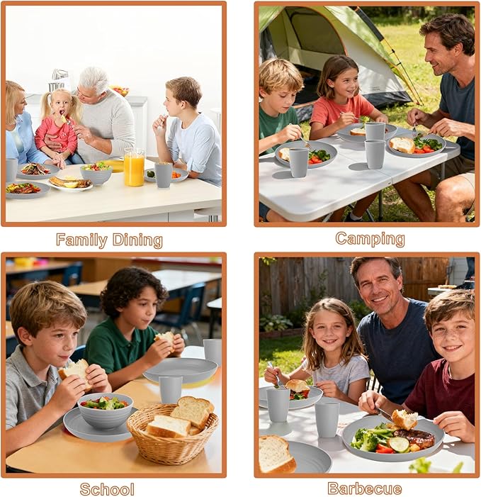 Wheat Straw Dinnerware Sets, 20 PCS Service for 4, Dishwasher & Microwave Safe Kids Plates and Bowls Sets, Unbreakable Lightweight Outdoor Camping Dishes - Gray