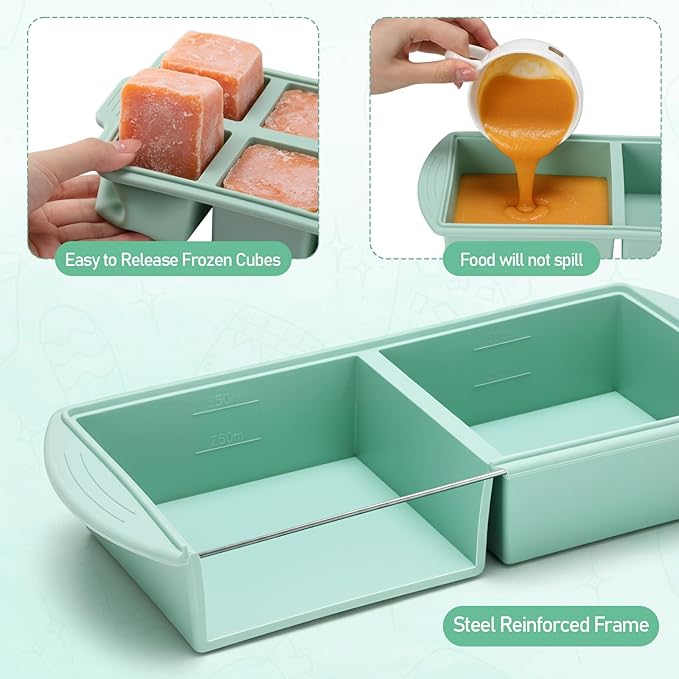 4 Pack Silicone Freezer Trays with Lid, 1/5, 1/2, 1, and 2 Cup Soup Freezer Molds Set Stainless Steel Frame Ice Cube Tray for Meal Prep Freezing Soup Stews Sauces Oven Microwave Safe(Green)