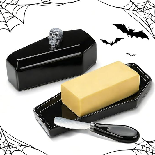 Reallnaive 2 Pcs Coffin Butter Dish with Lid Set with Butter Knife Black Gothic Skull Shape Ceramic Halloween Gothic Horror Kitchen Utensils Gift for Halloween Table Decoration Party Supplies (Stereo)