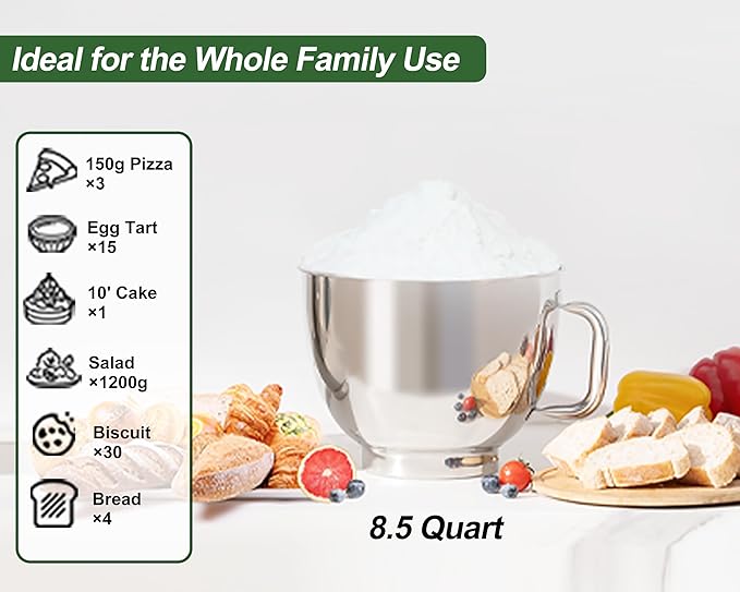 Kitchen in the box Stand Mixer - 8.5 Quart Mixing Bowl with Handle, 900 Watt Heavy Bread Dough Standing Mixers Tilt-head with Dough Hook, Whisk, Flat Beater and Splash Guard (Green)