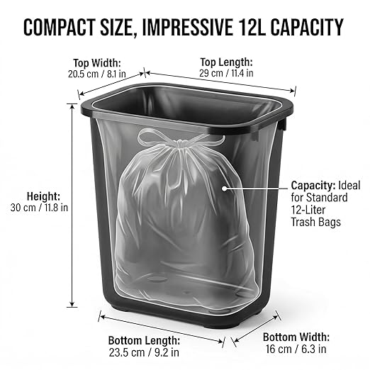 12-Pack Small Trash Can Wastebasket, 3.25 Gallon Slim Plastic Garbage Container, Shatter-Resistant Waste Bin for Office, Bathroom, Bedroom, Kitchen, Dorm Rooms and Classrooms, Black