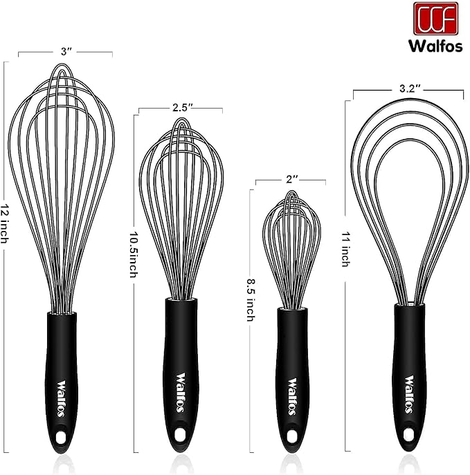 Walfos Whisk Silicone Whisks set, Non Scatch Coated Whisks for Cooking and Baking, Heavy Duty Set of 4 Kitchen Whisk - 11'' Flat Wisk and 7''+10''+12'' Balloon.
