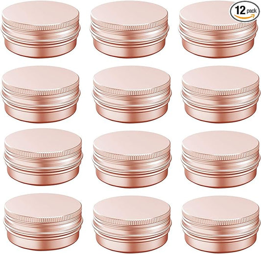 2 Ounce Aluminum Tin Jar with Screw Cap 60mL Tin Cans Refillable Containers for Cosmetic, Lip Balm, Cream, Lotion, Balms, Spices, Salve, Rose Gold 12 Pcs.