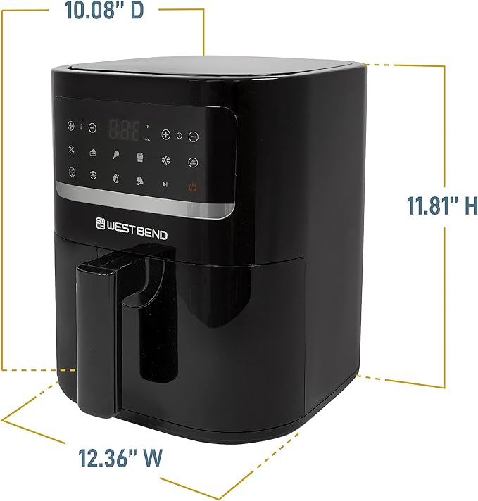 West Bend Compact Air Fryer 5-Quart Capacity with Digital Controls LCD Display and 10 Cooking Presets with Shake Reminder, Nonstick Frying Basket, 1500-Watts, Black