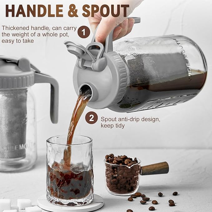 OneDream Cold Brew Coffee Maker - 2 Quart 64oz Stainless Steel Filter Cold Brew Pitcher Jar, No Leaks Cold Brew Mason Jar Coffee Maker, Easy to Clean Cold Coffee Maker