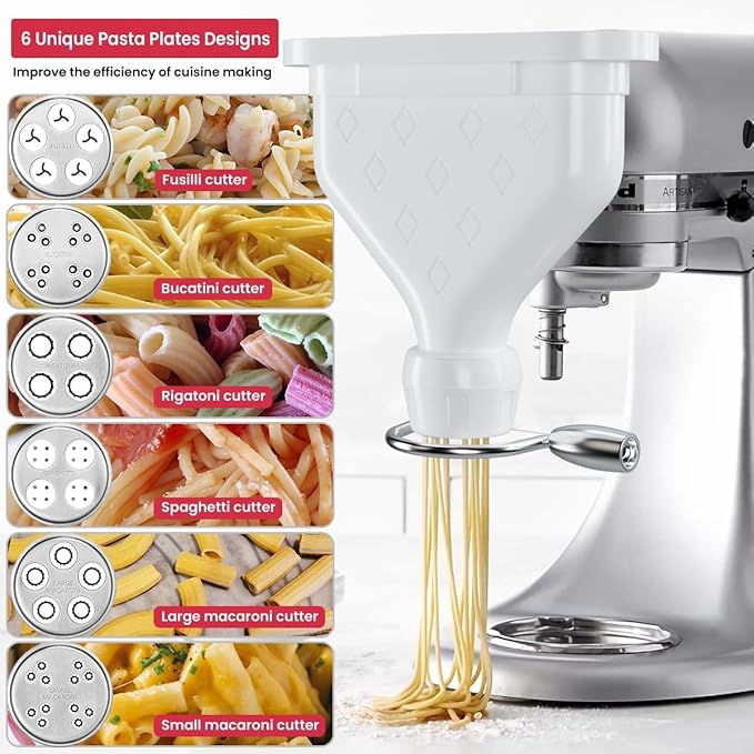 6-Piece Pasta Maker Attachment for KitchenAid Stand Mixer, Heavy Duty Homemade Pasta Press with Dual Feed Ports, Includes 6 Shaping Discs, Dishwasher Safe & Easy Clean Accessories