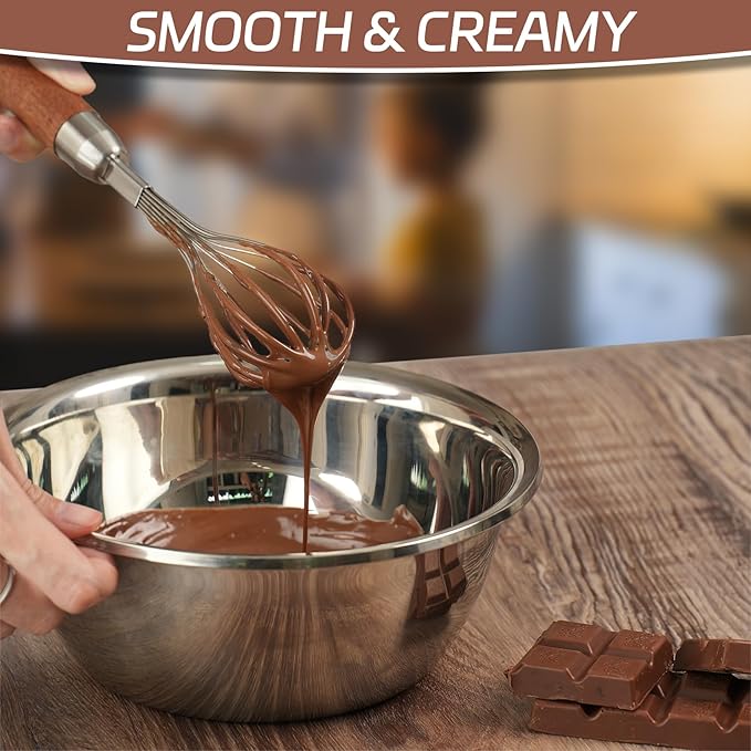 Stainless Steel Wire Whisk, Wooden Handle Kitchen Multi Function Non Stick Balloon Whisk Egg Beater for Blending Whisking, Beating, Frothing & Stirring Batters (10"L x 1.8"W)