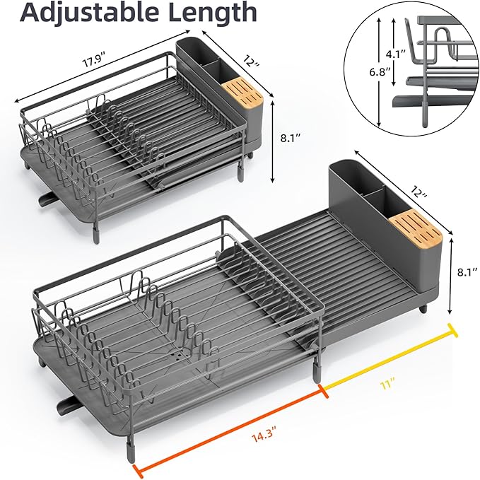 Urackify Large Dish Drying Rack, Expandable Dish Racks for Kitchen Counter, Multifunctional Dish Drainer with Utensil Holder & Cup Holder, 18.5"-26.7" L x 12.7" W, Gray