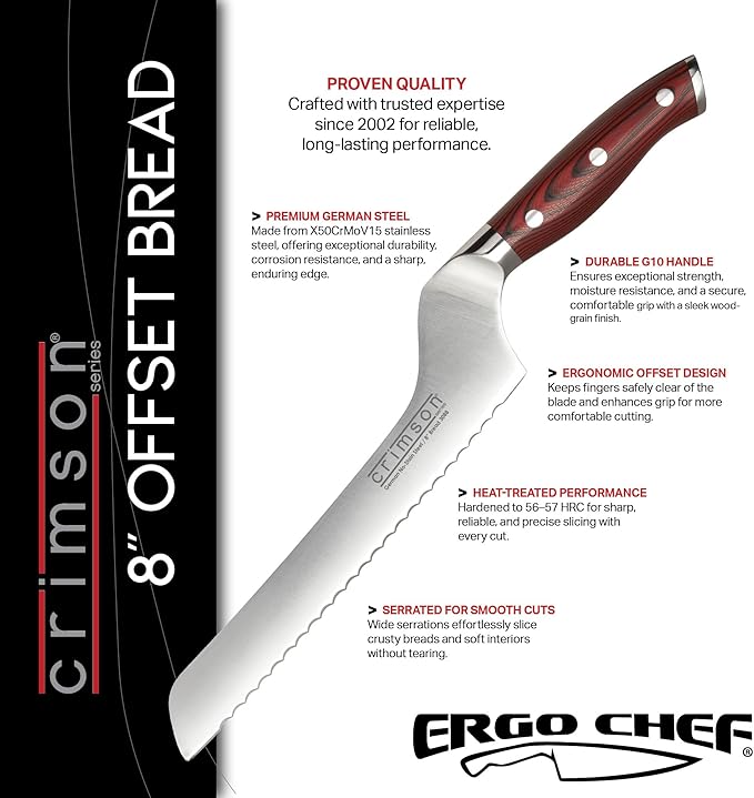 Ergo Chef Crimson Series 8-Inch Serrated Offset Bread & Deli Knife - High-Carbon German X50CrMoV15 Stainless Steel Blade - Durable G10 Fiberglass Handle