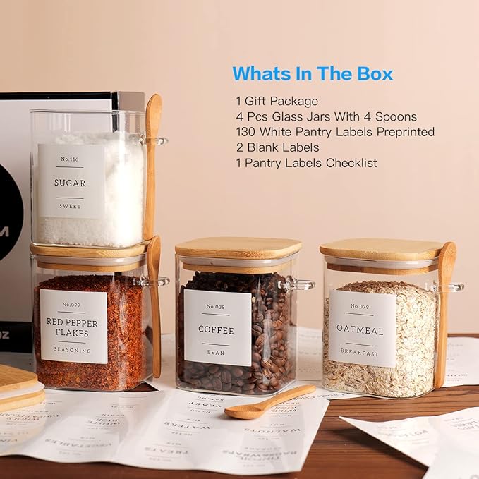 CZZGSM Set of 4 Square Glass Jar with Bamboo Lids and Spoons – Airtight 27 oz Borosilicate Glass Food Storage Contaienrs with 132 Kitchen Pantry Labels for Coffee, Tea, Sugar