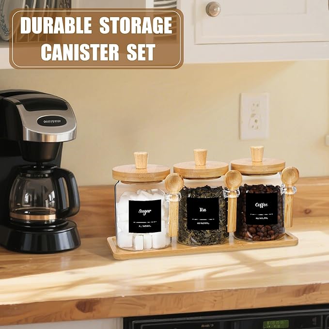 Suclain 3 Pcs Glass Coffee Container with Wooden Lid Spoon Shelf Labels Clear Airtight Jar Food Storage Canister Set for Sugar Spice Coffee Bean Holder Housewarming Gift(20 oz,Natural Bamboo)