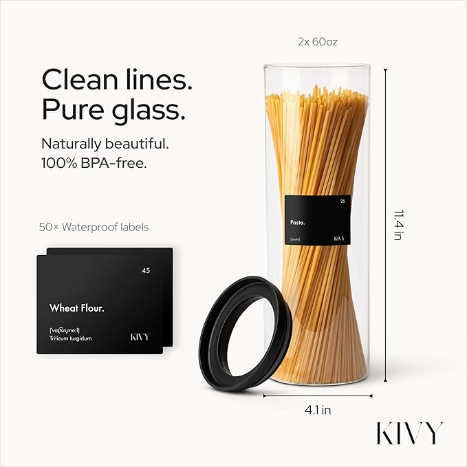 KIVY Airtight glass jars with transparent Glass Lid [2x 60oz] Glass airtight food storage containers - Pasta containers storage - Spaghetti container - Pasta containers for pantry flour Jar