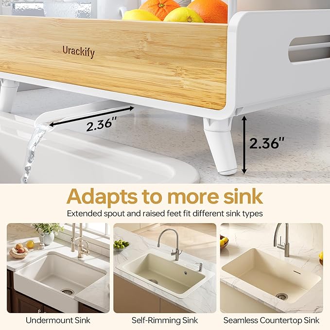 Urackify 2-Tier Dish Drying Rack, Large Stainless Steel & Bamboo Dish Rack for Kitchen Counter, Dish Drainers with Adjustable Automatic Spout, Drying Rack Kitchen with Utensil Holder, White