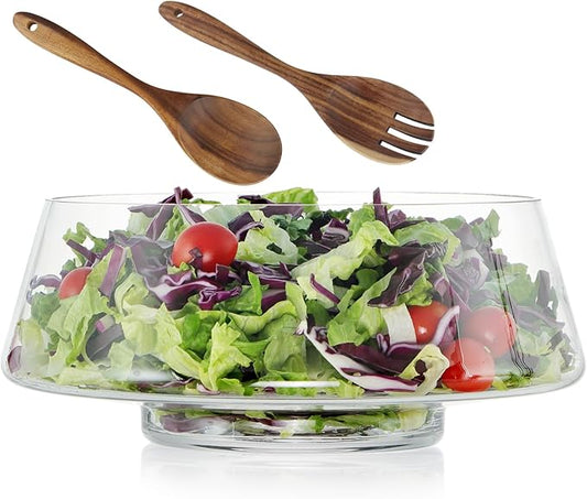 MOLIGOU Large Glass Salad Bowl with Acacia Wood Serving Utensils, 169oz Salad Serving Bowl for Party, Elegant Glass Bowl for Fruit, Trifle, Pasta