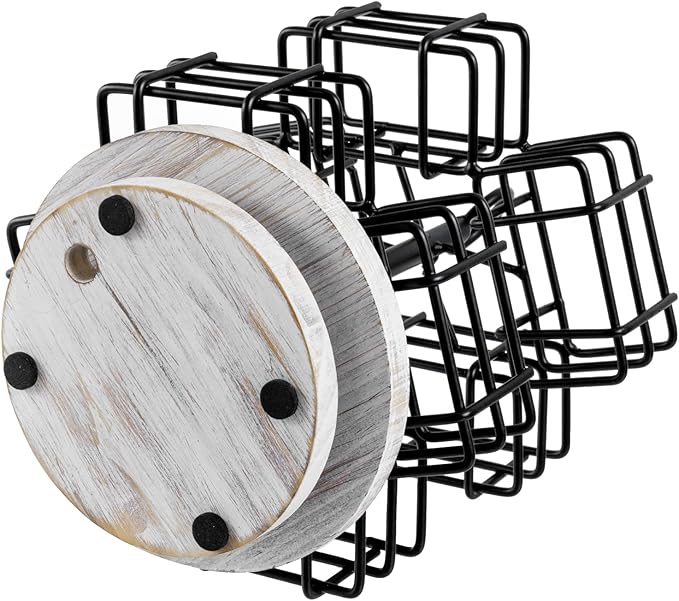 MyGift 8 Compartment Tea Bag Organizer Carousel, Black Metal Wire Packet Holder and 360 Degree Spinning White Washed Solid Wood Base, Coffee Station Storage Caddy