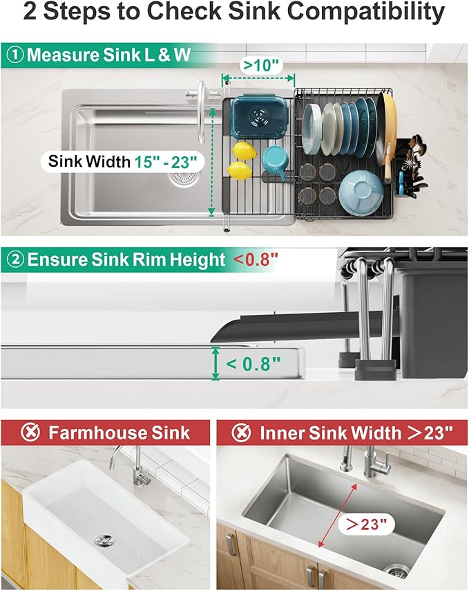 GSlife Expandable Dish Drying Rack for Kitchen Counter, Large Capacity 2-in-1 Rust Resistant Dish Drainer with Swivel Spout and Pull Out Over Sink Extension, 16.7" W x 12.6"-22.4" L, Black