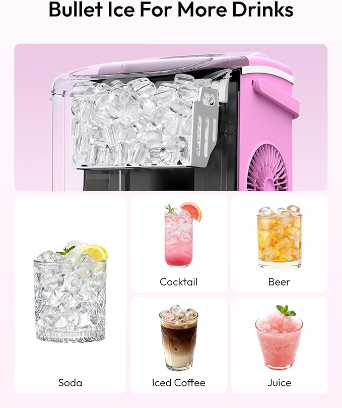 EUHOMY Countertop Ice Maker Machine with Handle, 26lbs in 24Hrs, 9 Ice Cubes Ready in 6 Mins, Auto-Cleaning Portable Ice Maker with Basket and Scoop, for Home/Kitchen/Camping/RV. (Pink)