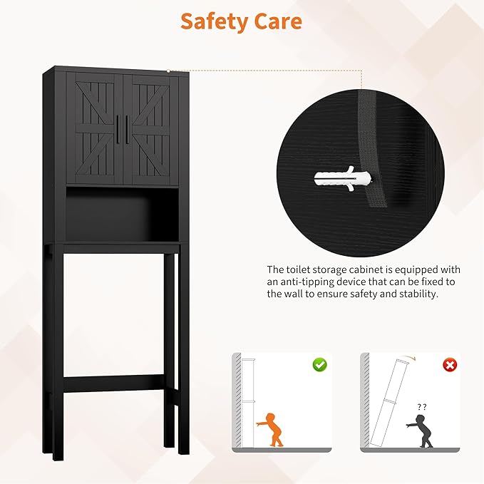 IDEALHOUSE 23.6 Inches Wide Toilet Rack with Over The Toilet Storage Cabinet, Bathroom Shelf Organizer with Anti-Tip Device, Small Freestanding Space Saver with Adjustable Shelf (Black 23.6" W)