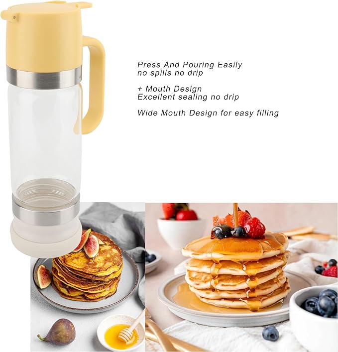 Bewinner Glass Honey Dispenser Pot - 350ml Honey Dispenser Portable Clear Glass Syrup Dispenser with Handle, Prevent Dripping,Honey Container for Coffee Shops Restaurants Home (Yellow)