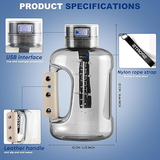 Hydrogen Water Bottle, 50.7oz/1.5L Large Hydrogen Water Bottle Generator, 1.5L Ion Water Bottle Improve Water Quality in 3 Minutes, Water Ionizer Machine Suitable for Travel and fitness Drinking(Grey)