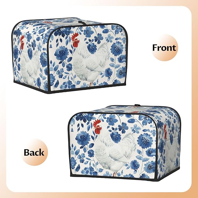 White Rooster On Blue Covers for 4 Slice Toasters,Cute Country Bread Machine Cover with Handle,Washable Stain Resistant Kitchen Small Appliance Cover Dining Decor