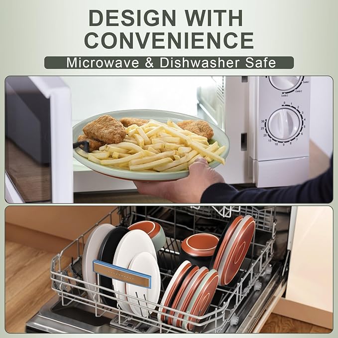 E-far 12-Piece Stoneware Dinnerware Sets, Plates and Bowls Sets for 4, Ceramic Dishware Dishes Set with Terracotta Base, Chip & Scratch Resistant, Microwave & Dishwasher Safe, Speckled Green